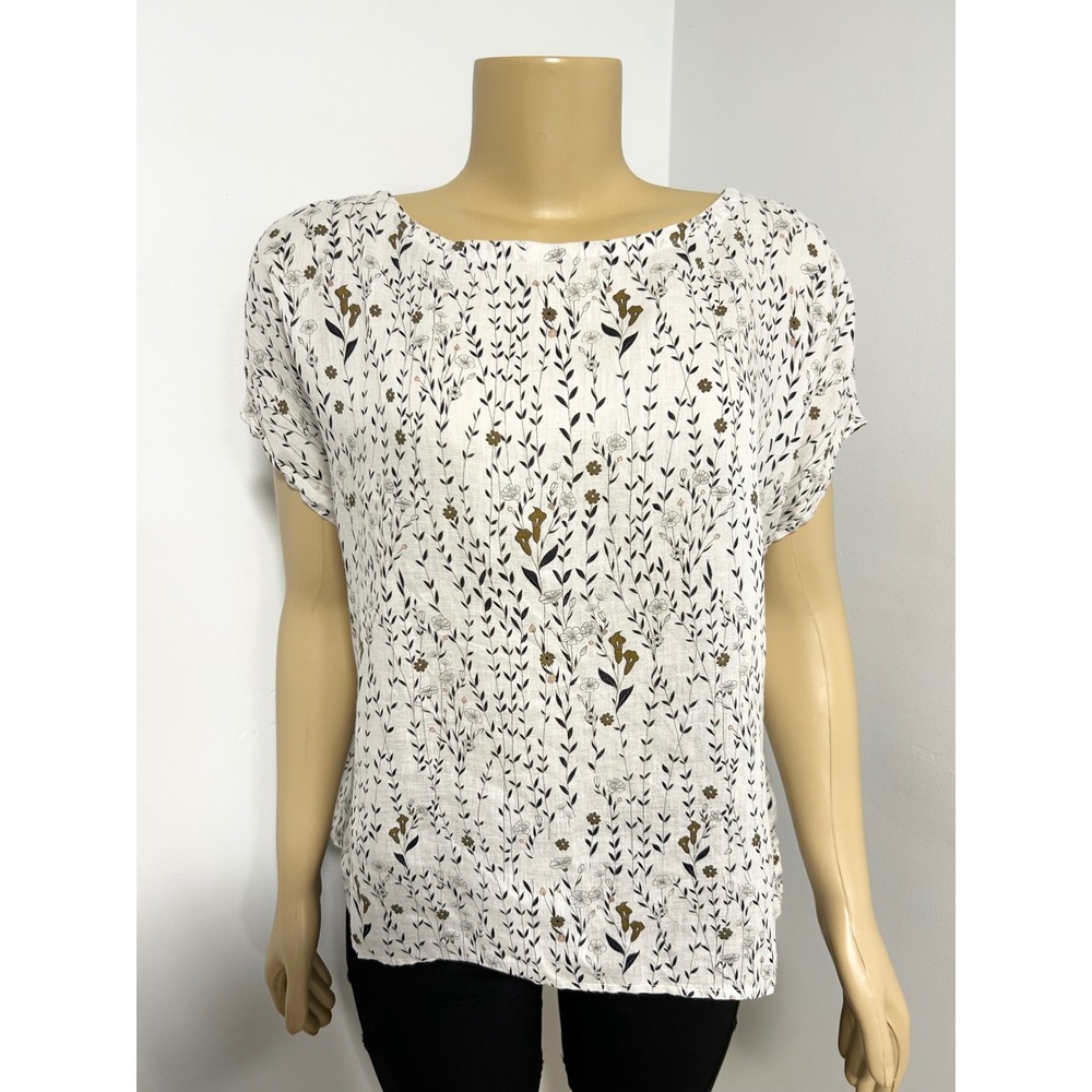 Cynthia Rowley Womens Linen Floral Button Back Blouse Cream Brown Botanical M